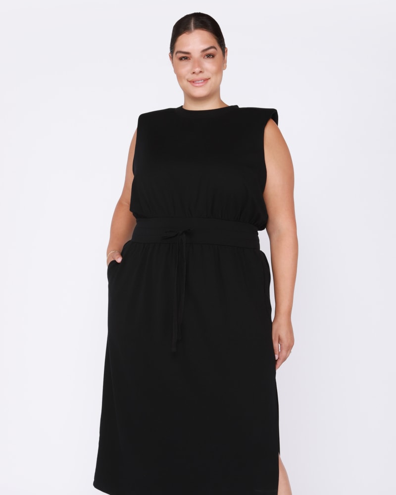 Front of a model wearing a size 0X Claudia Shoulder Pad Knit Maxi Dress in Black by DEX PLUS. | dia_product_style_image_id:237852